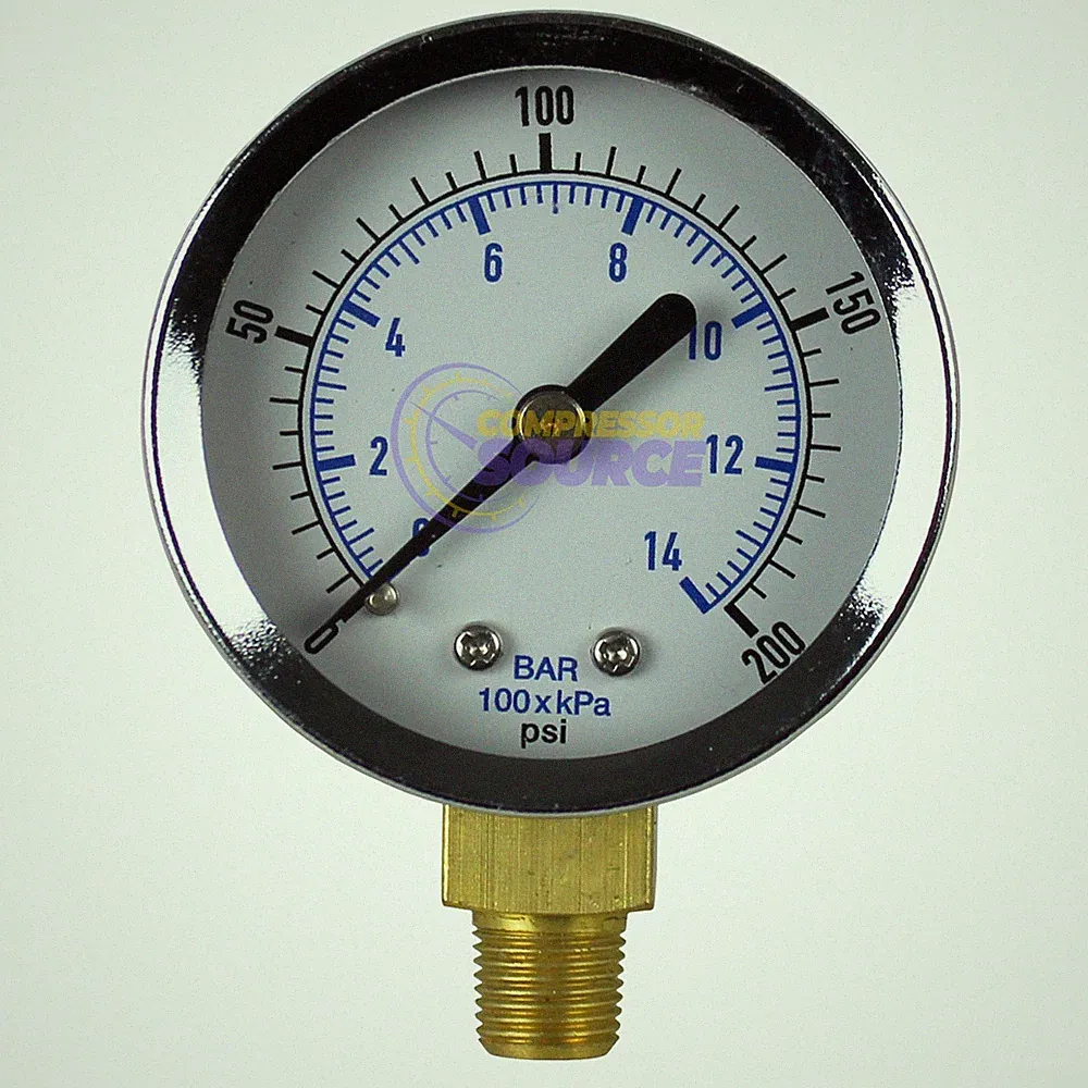 1/8" NPT Air Compressor Lower Mount Pressure Gauge 0-200 PSI Side Mount 2" Face
