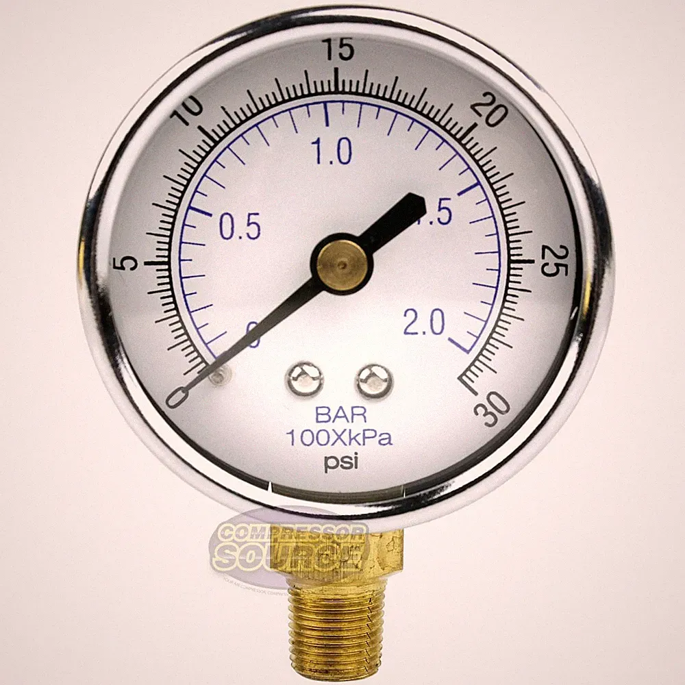 1/8" NPT Air Compressor Lower Mount Pressure Gauge 0-30 PSI Side Mnt WOG 2" Face